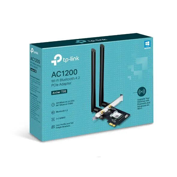 TP-Link Archer T5E AC1200 Wireless Dual Band PCIe Adapter with two external antennas and PCIe interface.